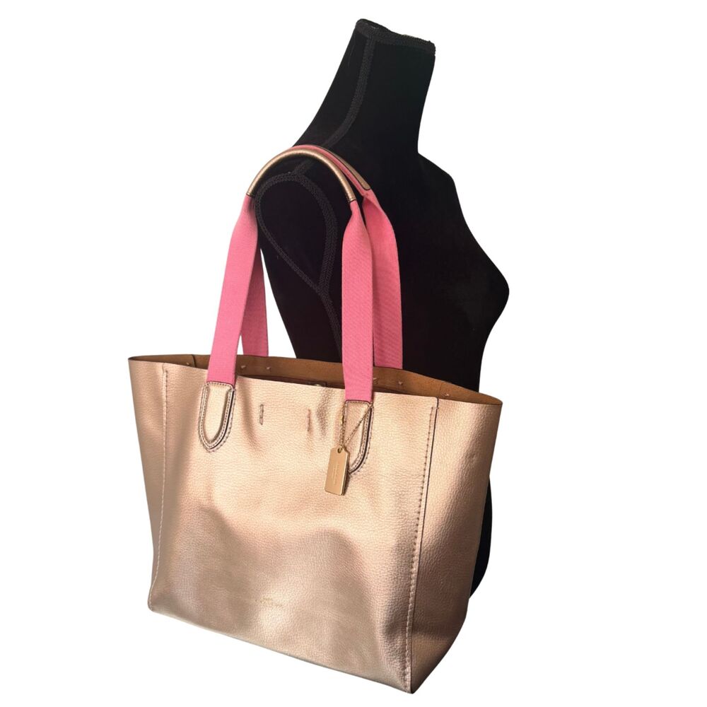 COACH Rose Gold Metallic Leather Derby Tote Everyday Bag w/ Pink Straps & Charm